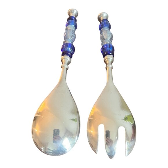 Stainless Steel Salad Fork and Spoon Set With Blue Acrylic Handles 11.5" - Picture 7 of 7